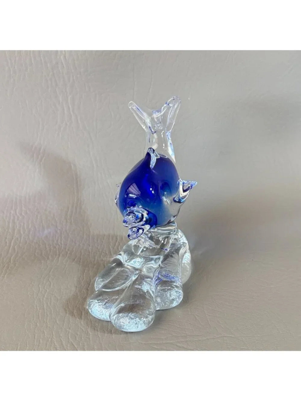 Retro Cobalt Blue Encased Glass Dolphin Figurine Abstract Wave Paperweight